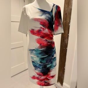 Fitted Rickie Freeman for Teri Jon midi dress. White w/ multi paint strokes, 8